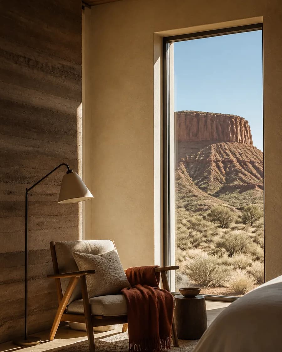 A reading chair and floor lamp beside a tall window framing a red mesa