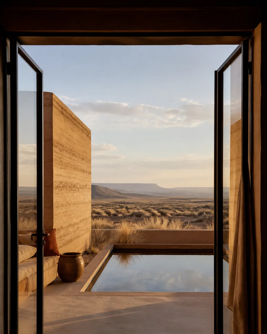 A private plunge pool on a suite terrace, still water reflecting the sky