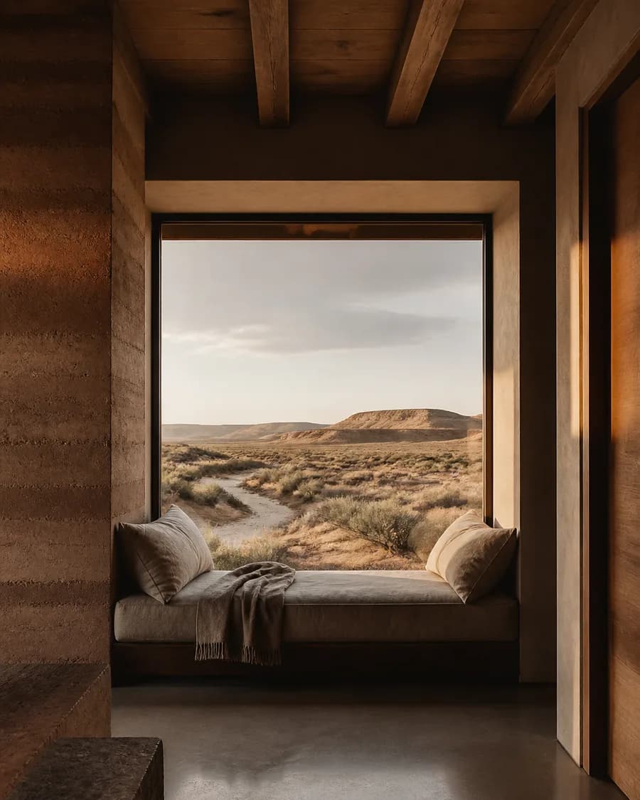 A deep window seat with linen cushions overlooking a dry wash and sagebrush flats