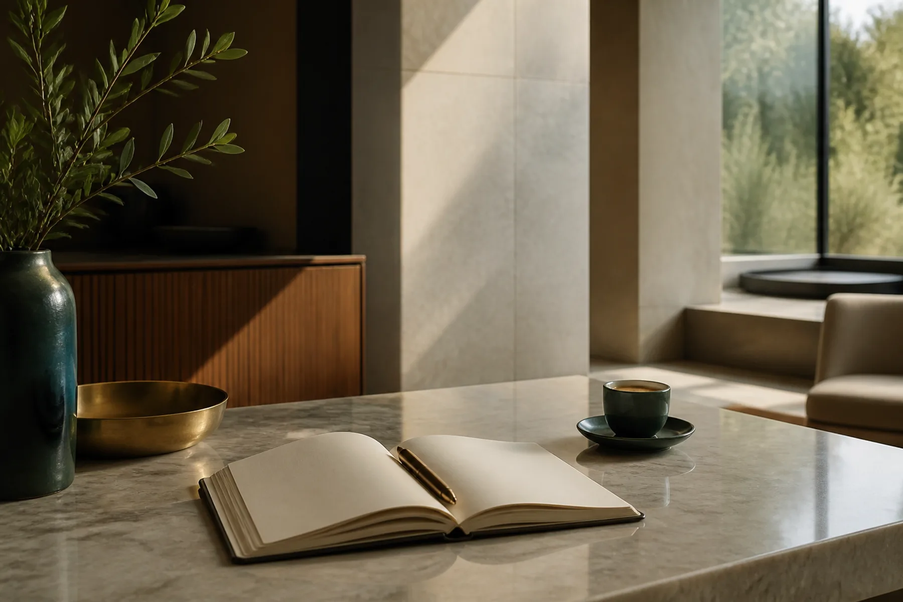 An open fee ledger beside a cup of black coffee on a marble counter in morning light