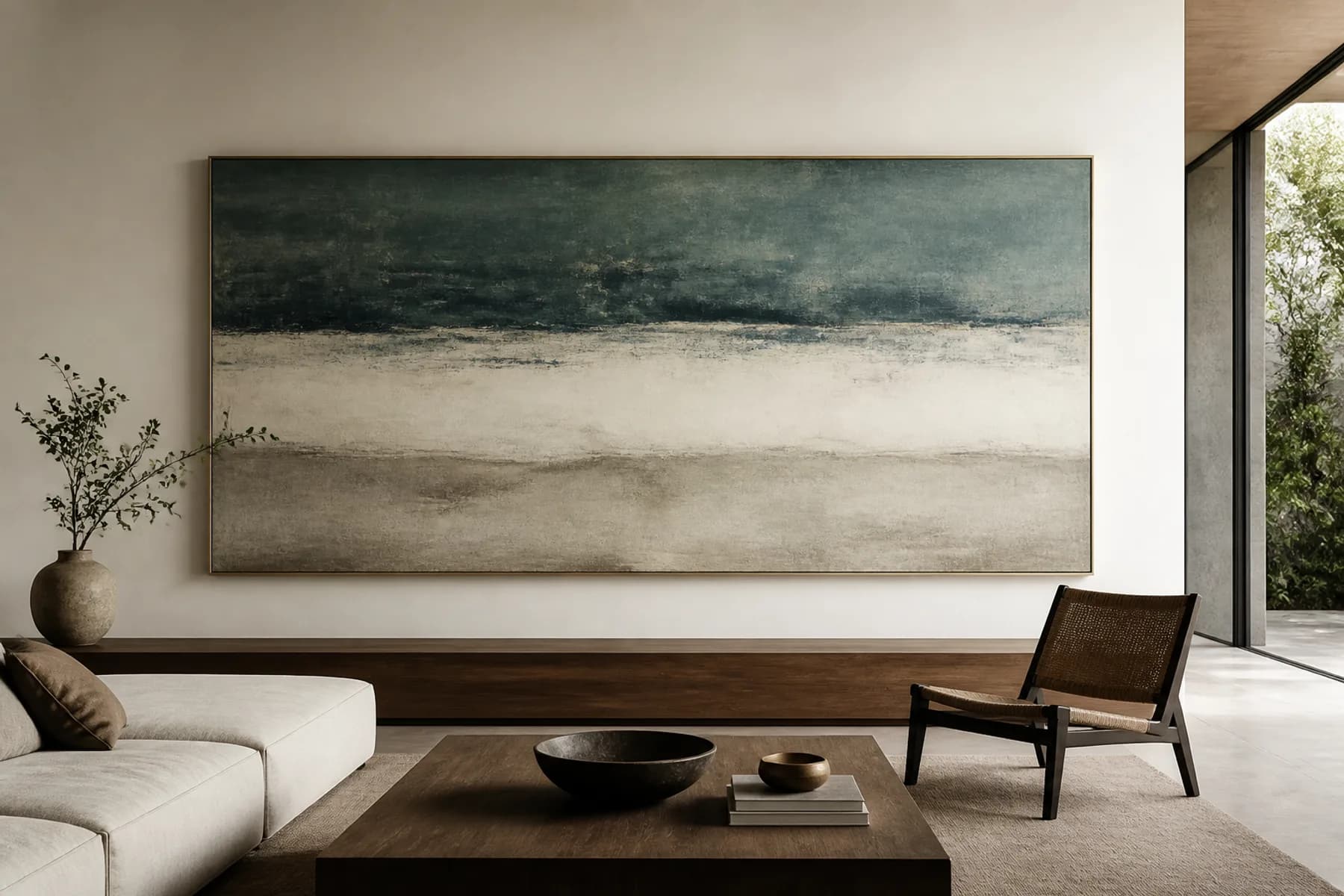 A dark oil seascape in a plain gilt frame hung on ivory panelling