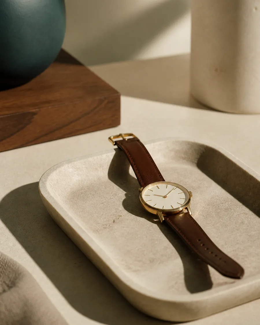 A pocket watch lying open on dark panelled wood beside folded gloves