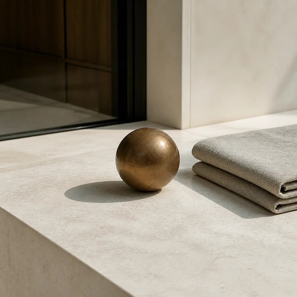 A worn brass balance scale on a shelf against dark panelling