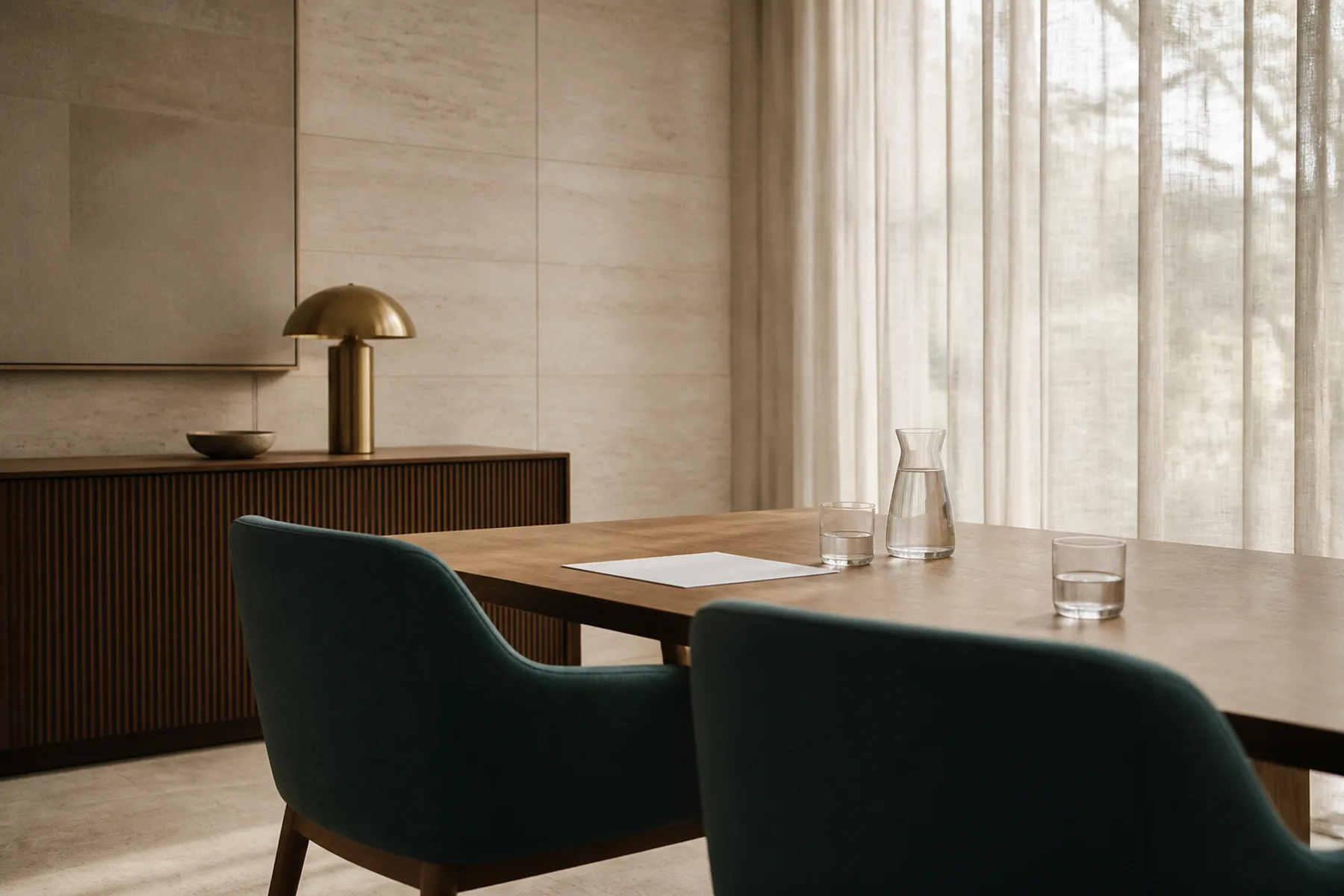 Two chairs drawn up to the corner of an oak table with a single sheet of paper between them