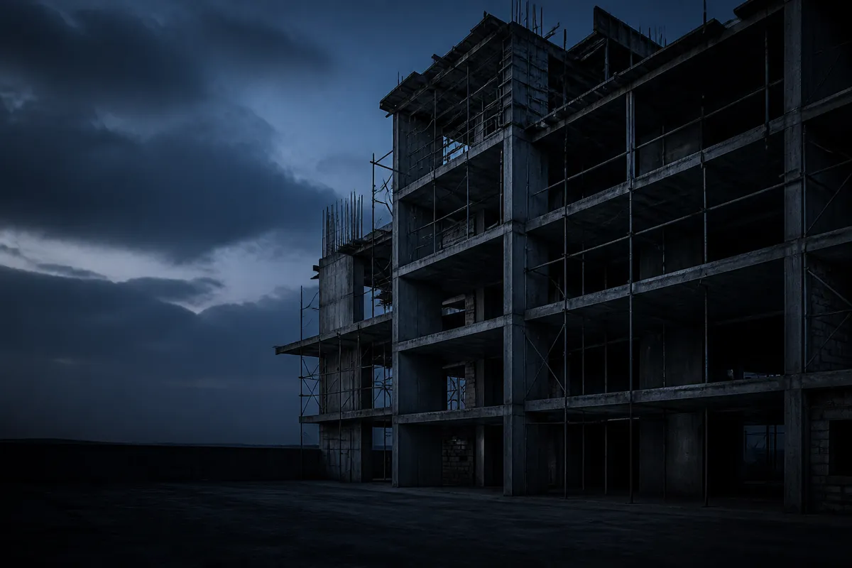 The exposed concrete frame of a building under construction at dusk with formwork and scaffolding