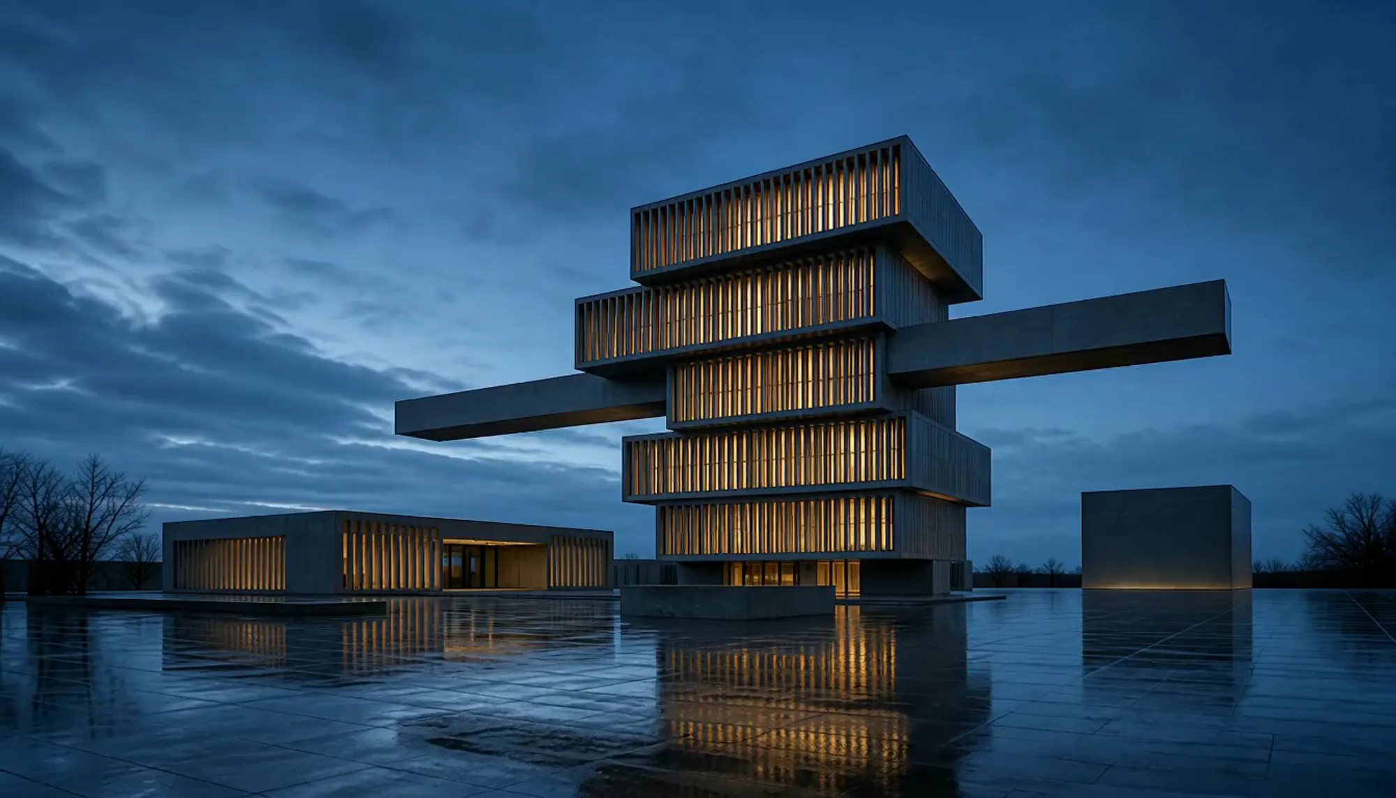 A concrete building of four shifted stacked volumes with a long cantilevered beam, seen across a wet plaza under an overcast sky