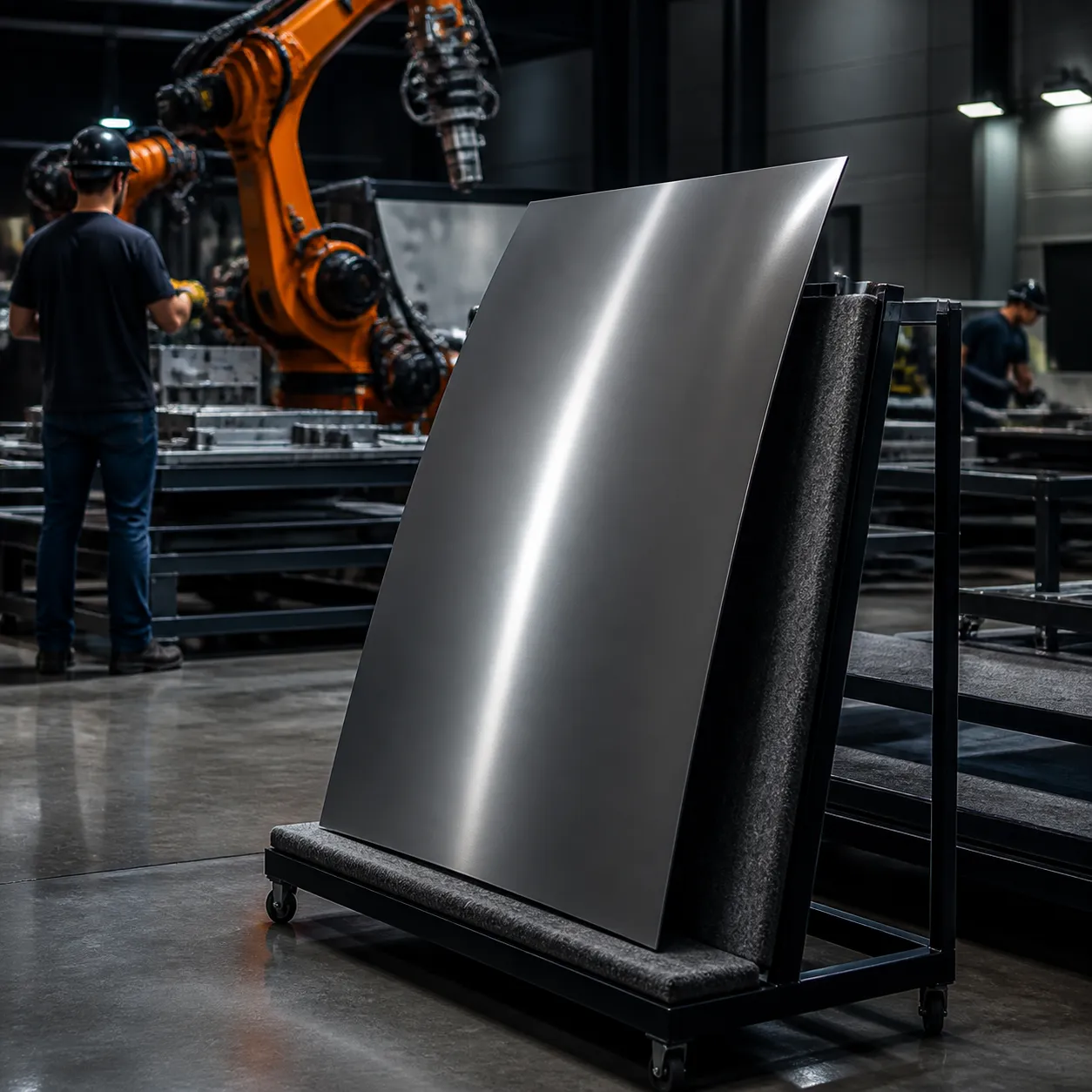 A finished compound-curved metal panel on a felt-lined rack, work light raking across it.