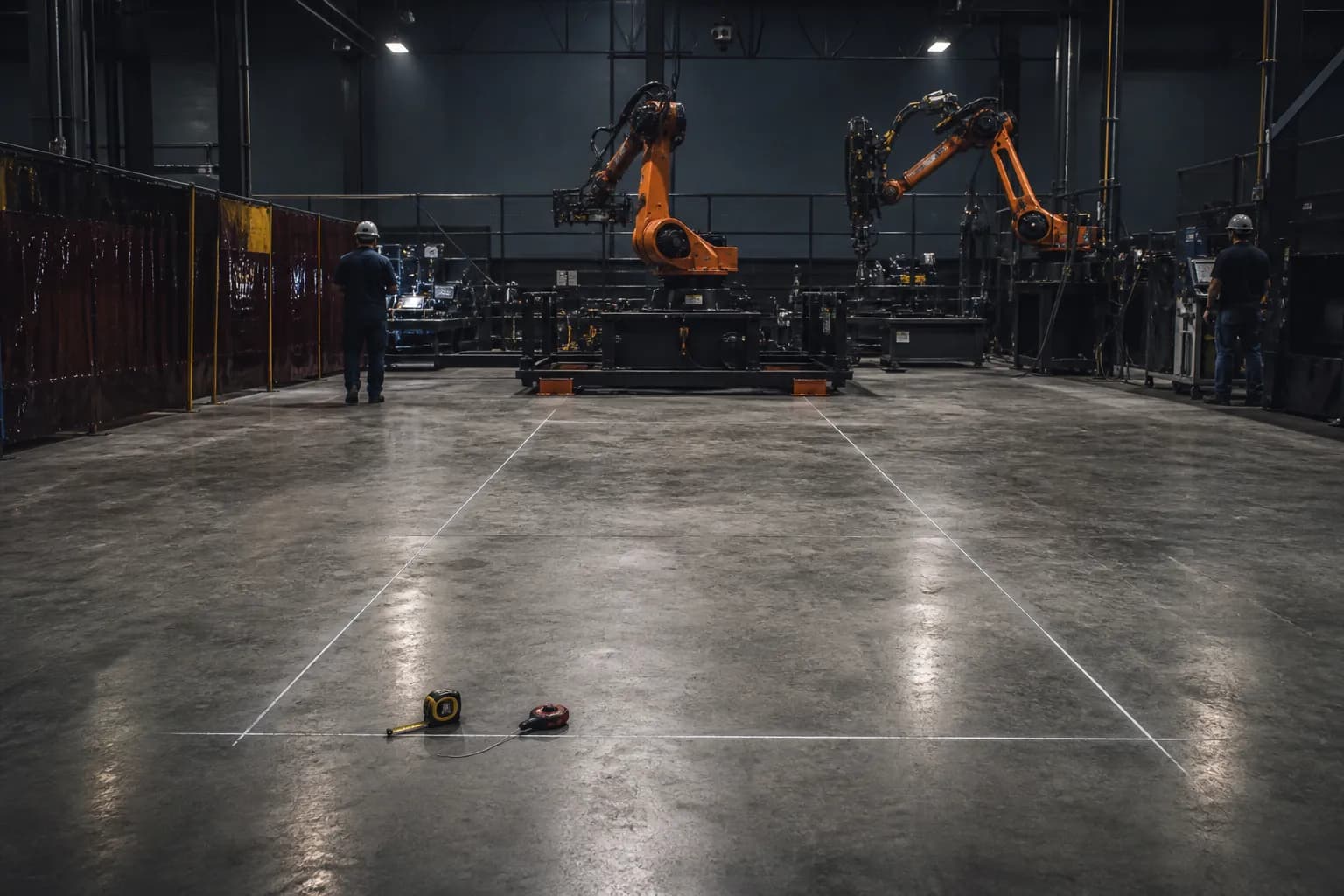 An empty fabrication bay marked out on the concrete floor with fresh layout lines.