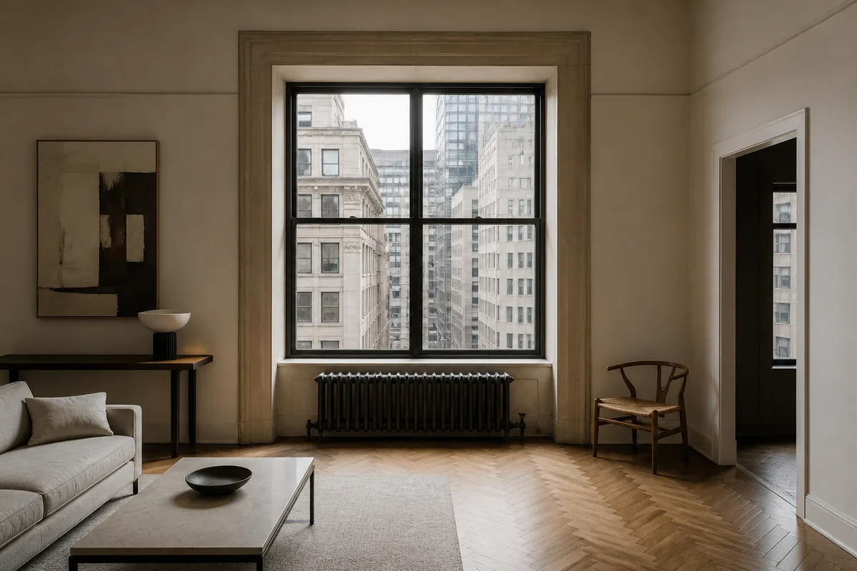An apartment in a converted 1920s Financial District tower with a deep masonry window reveal framing setback towers