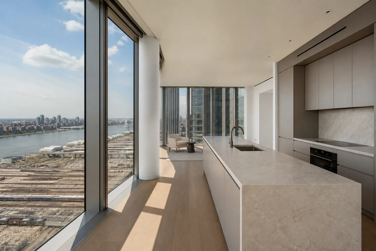 A Hudson Yards condominium kitchen with a pale stone island and floor-to-ceiling glass over the West Side rail yards