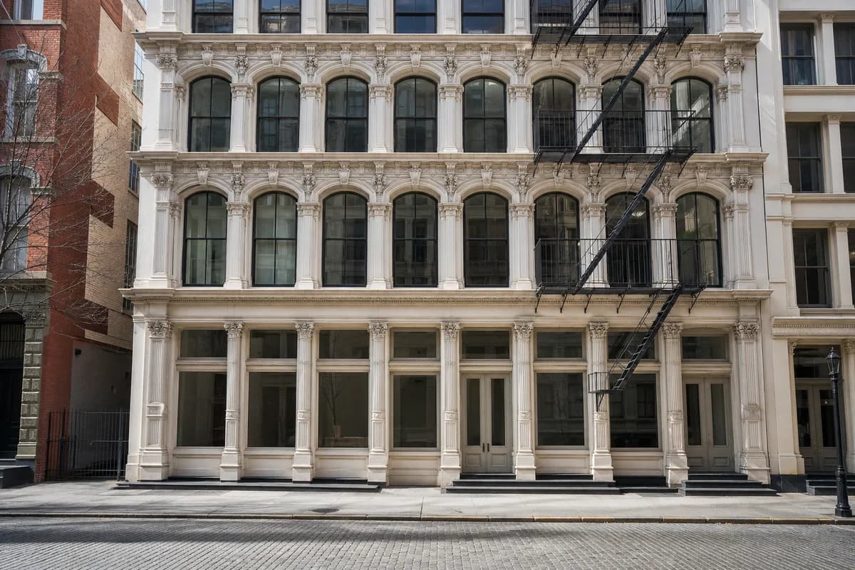 A SoHo cast-iron facade with ornate painted columns, arched window bays and a fire escape over a cobbled street