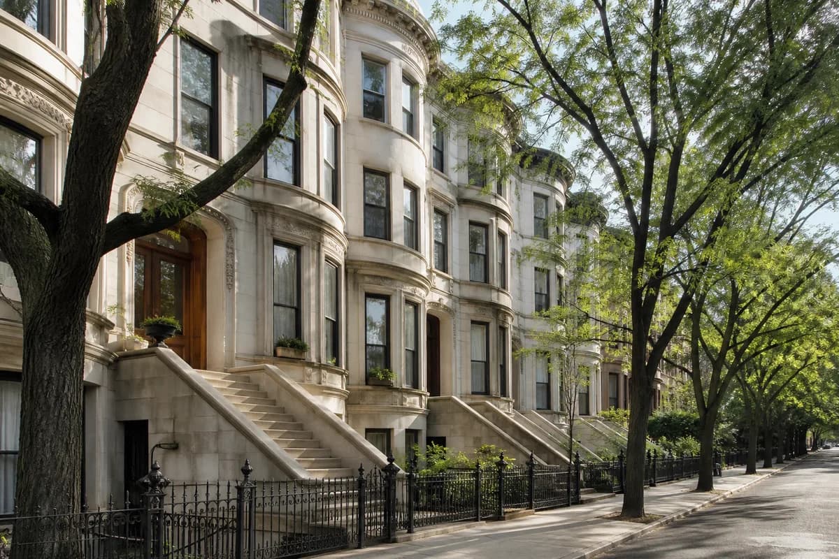 A Sugar Hill block of limestone row houses with bowed bay fronts and stone stoops in a rhythm along the street