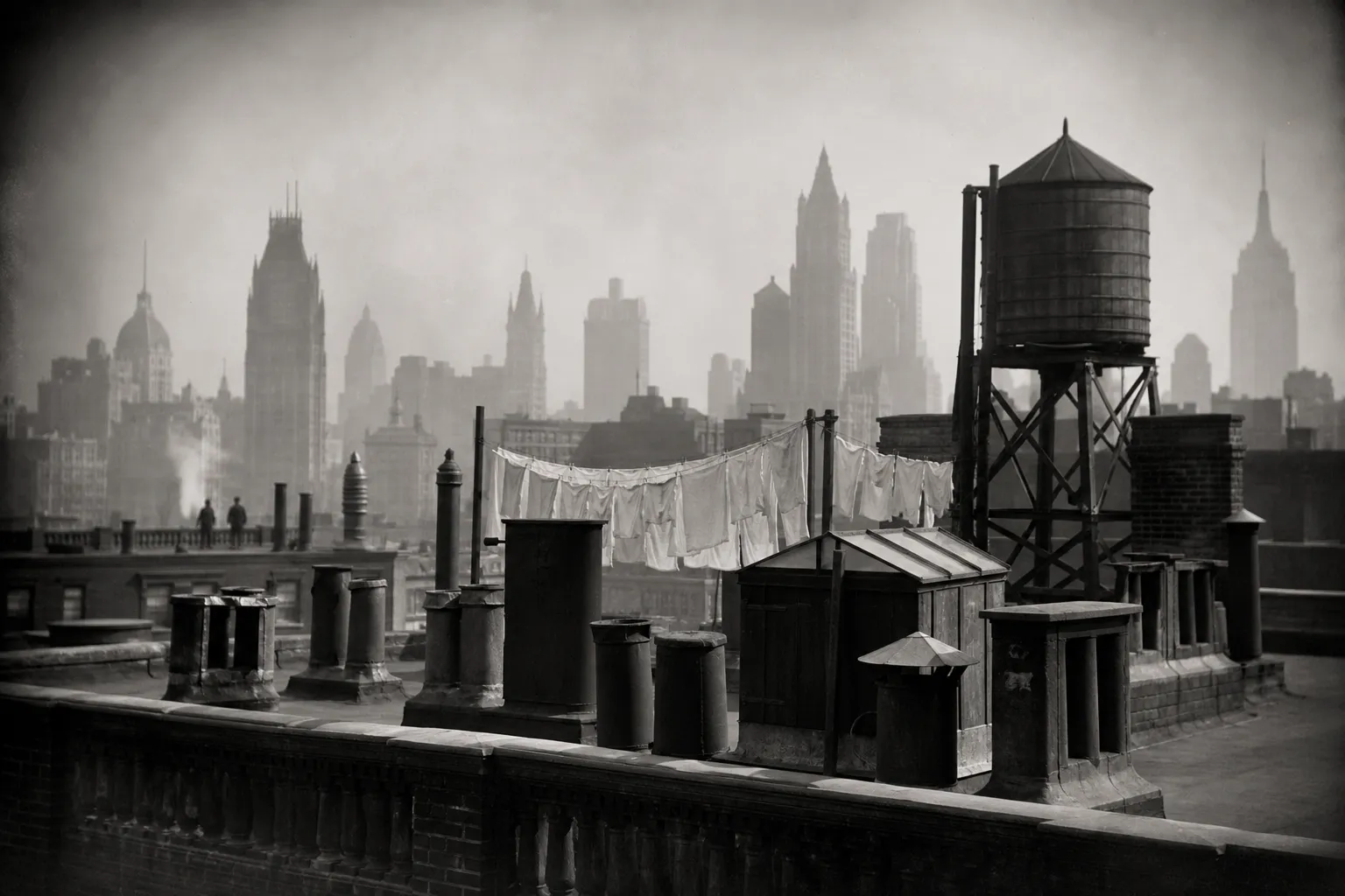 An archival photograph of the roof: chimney pots, a water tank on iron legs, laundry lines and the skyline soft in haze beyond.