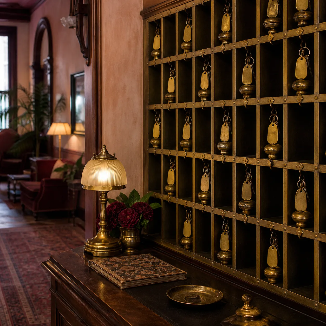 A wall of brass key pigeonholes behind the front desk, heavy fobs with blank tags hanging under a lamp.