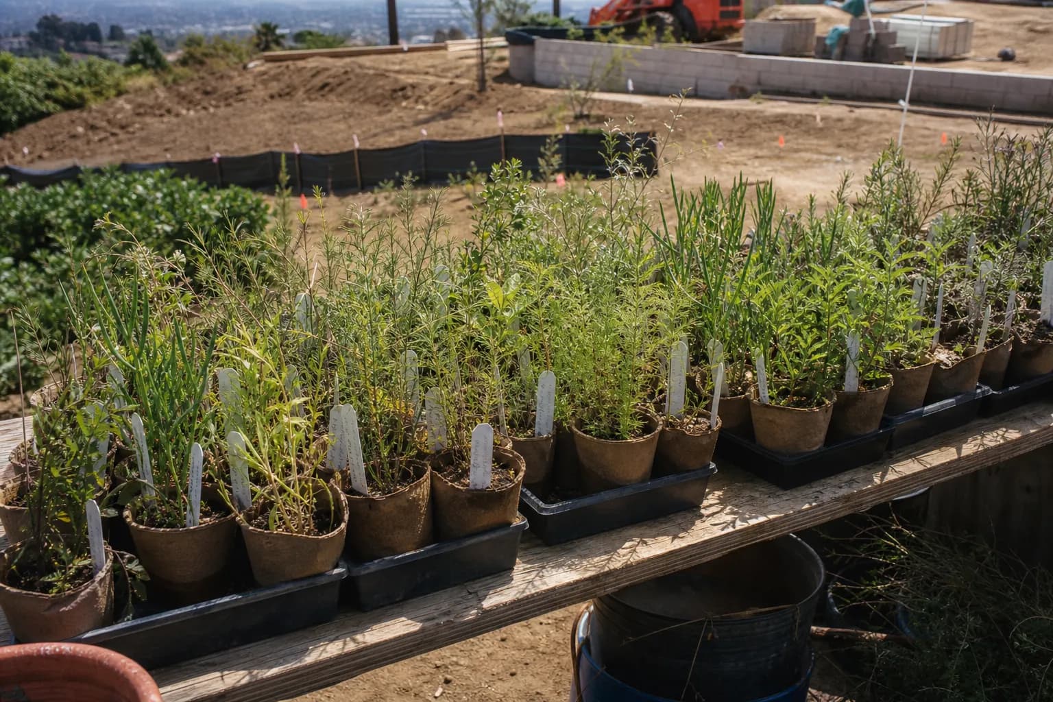 A flat of young native seedlings in paper pots on a potting bench with handwritten tags.