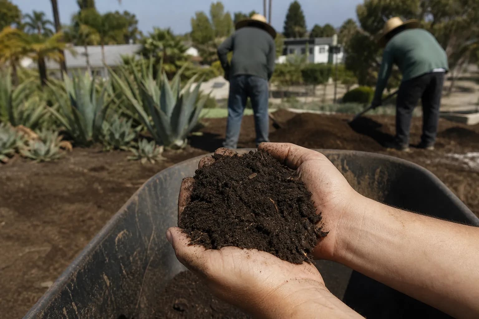 Two cupped hands holding dark crumbly compost over a wheelbarrow.