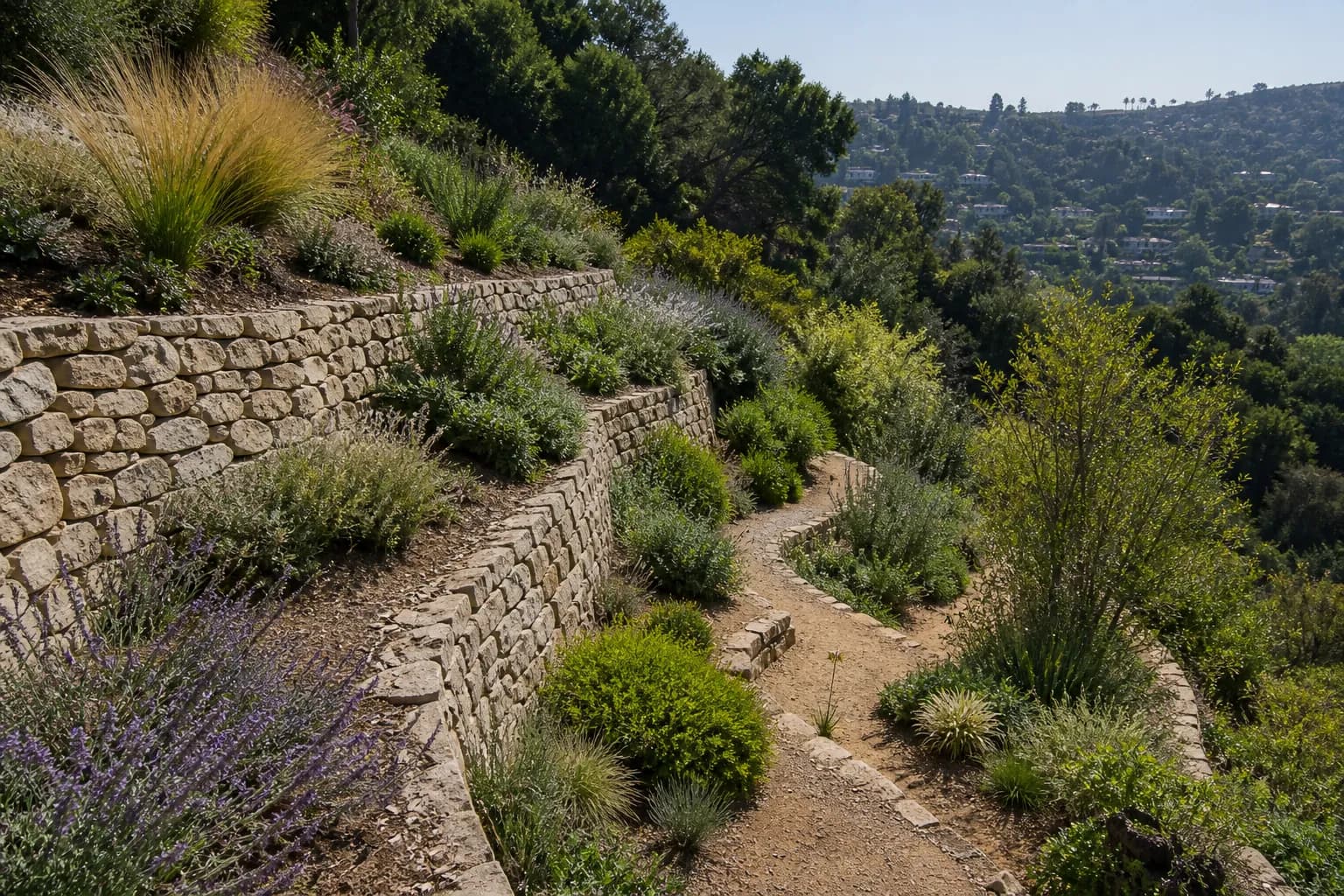 A terraced hillside garden with dry-stacked stone walls, native grasses and a narrow switchback path.