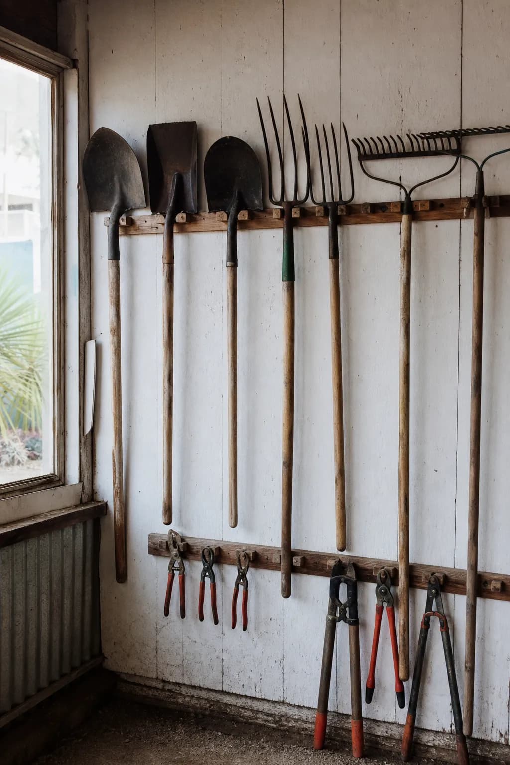 A tool wall inside a small workshop with spades, rakes and pruning tools hung in order under window light.