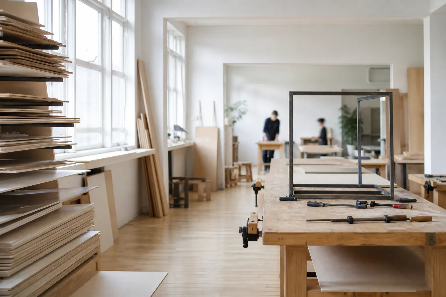 A furniture workshop with birch plywood sheets on racks and a partly assembled steel frame on a workbench