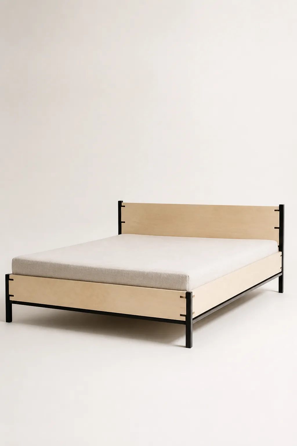 A platform bed frame in birch plywood and black steel with a bare pale linen mattress