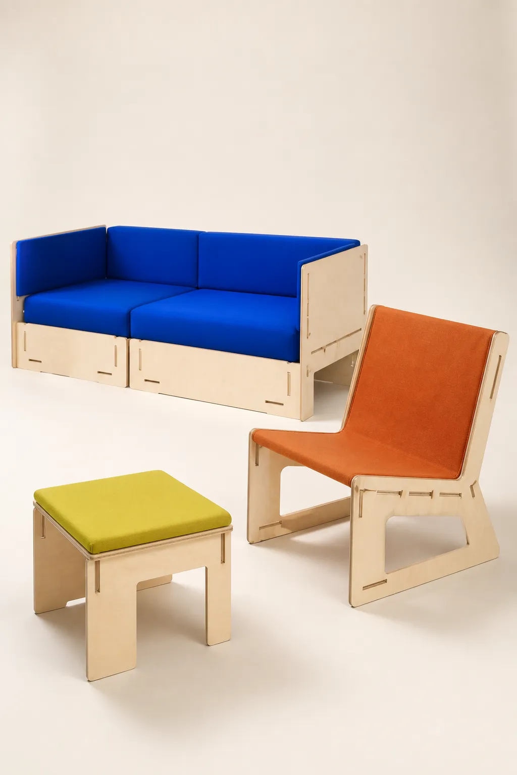 A cobalt modular sofa, a rust sling lounge chair and a lime-padded stool grouped in a studio