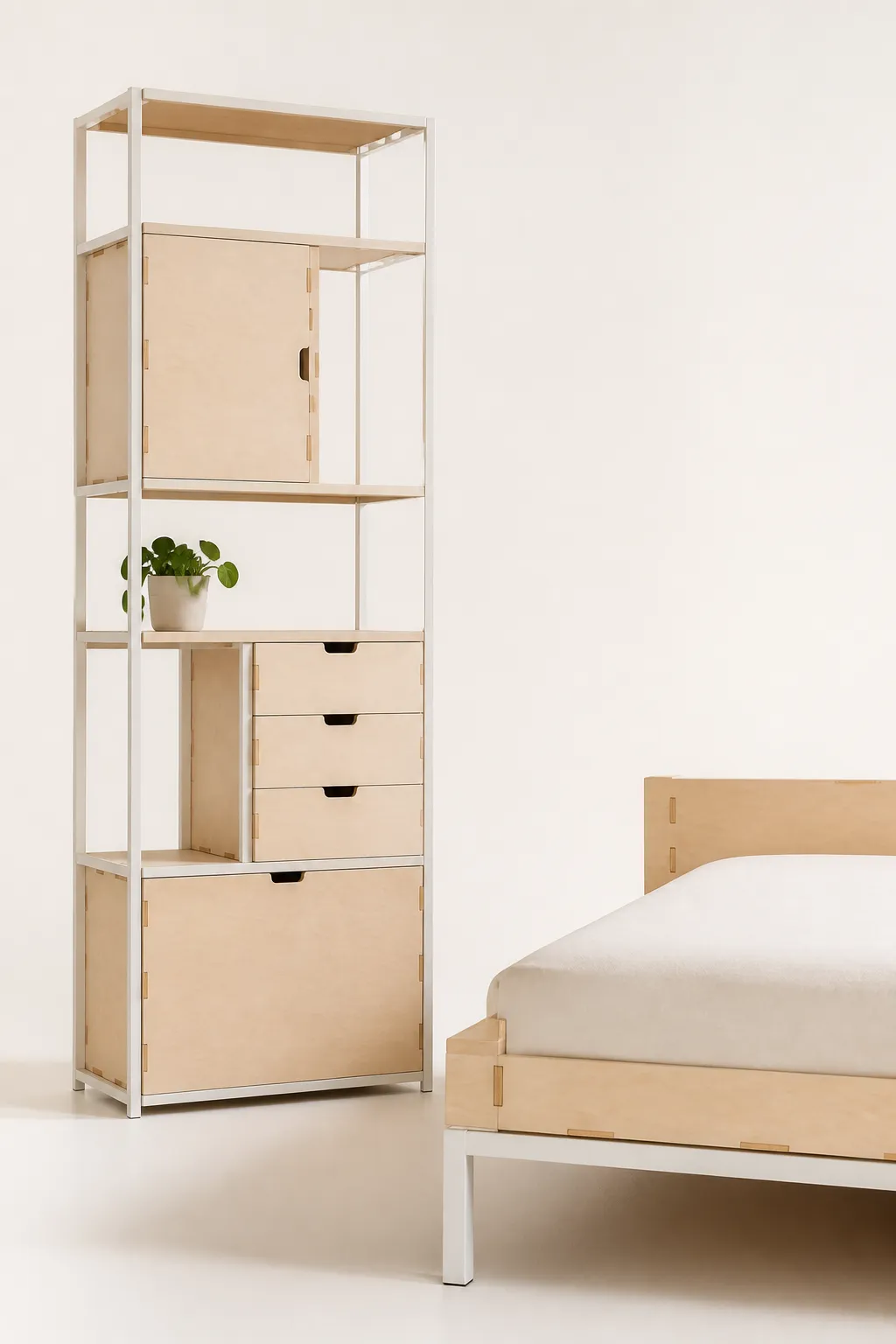 A tall white and birch shelving unit beside the corner of a birch platform bed frame