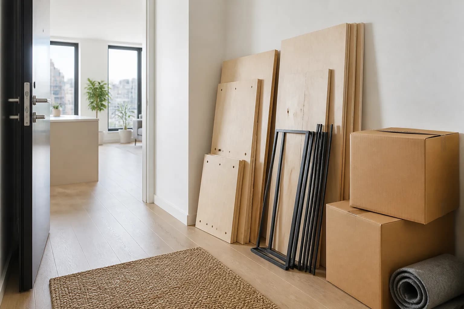 Flat-packed birch panels and steel frame parts leaning against a wall beside boxes on moving day