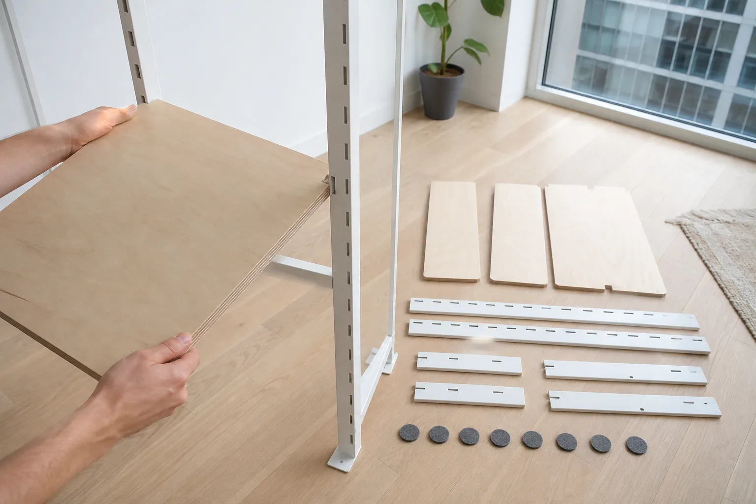 Two hands sliding a birch plywood shelf into the slot of a white steel upright on a pale wood floor