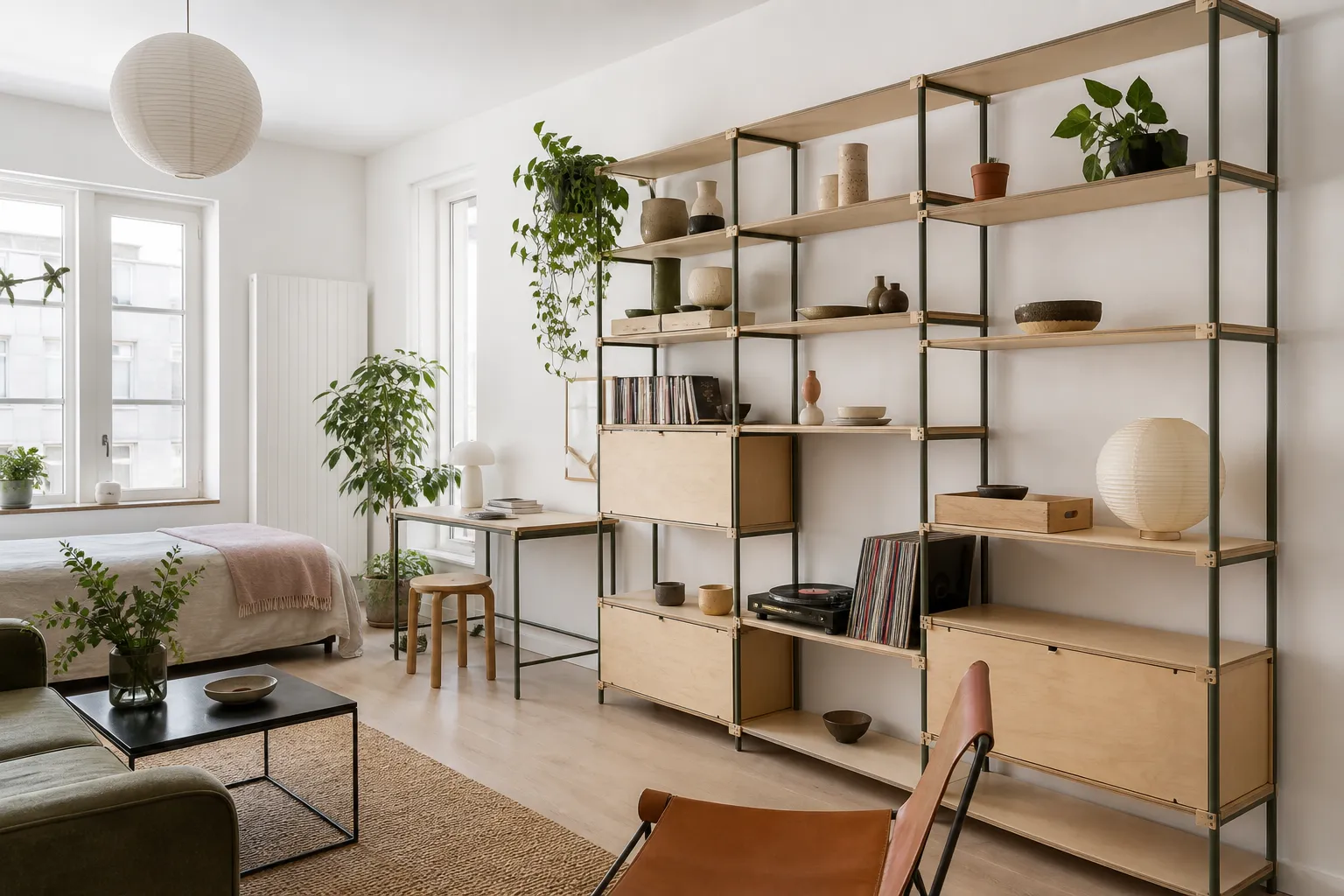 A small sunny studio apartment where one modular shelving system spans a wall, styled with books and ceramics