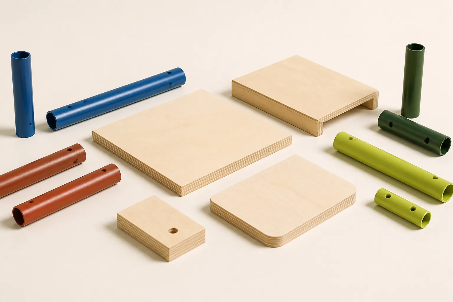 Material samples on a warm paper-white surface — birch plywood offcuts and powder-coated steel tube sections