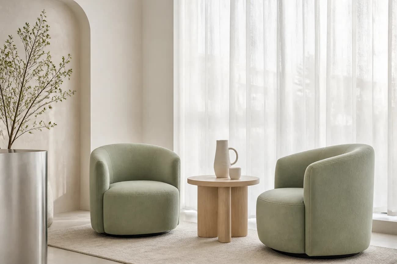 Two pale sage armchairs either side of a small oak table by a tall window