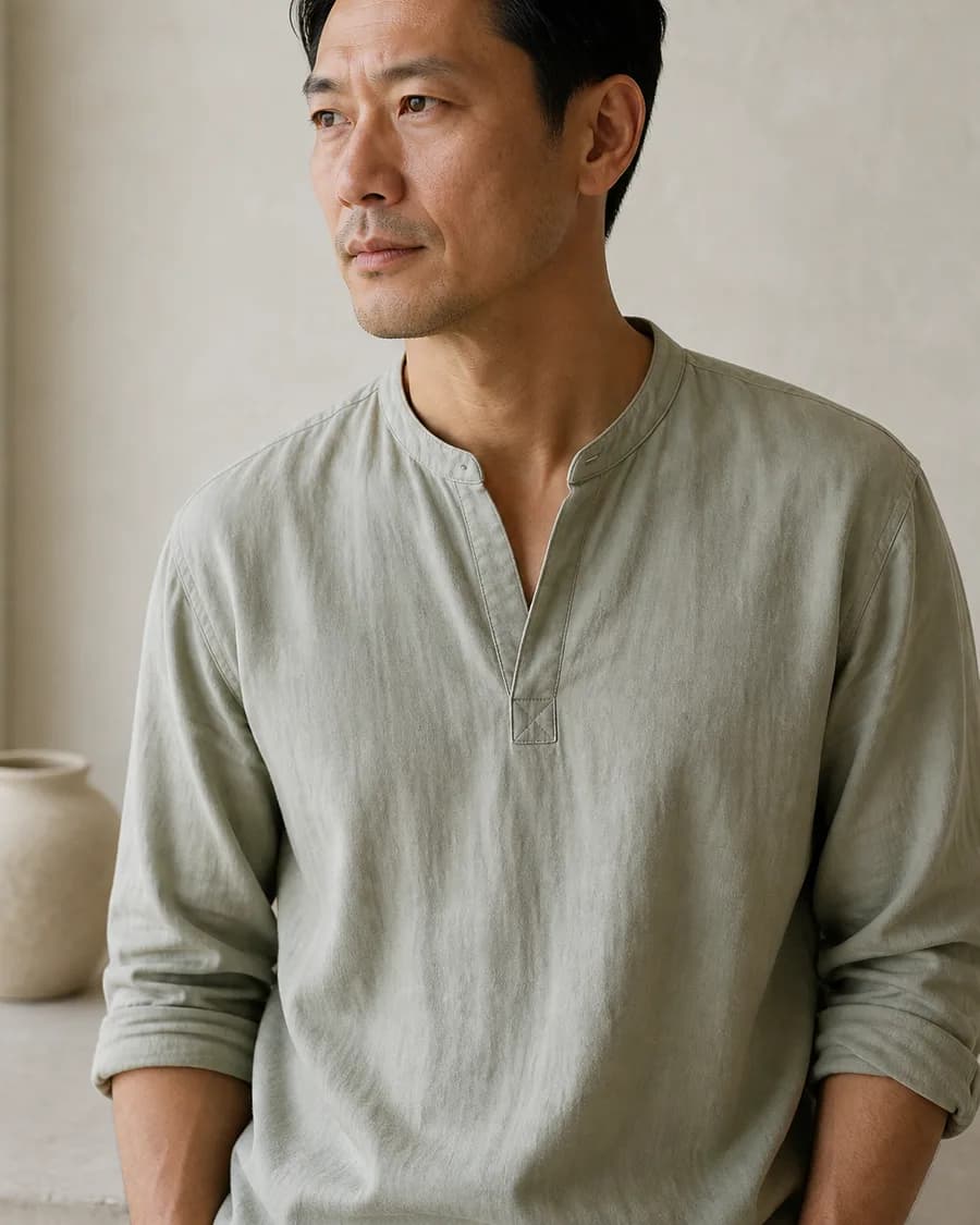 A portrait of a man with dark hair, in a sage tunic