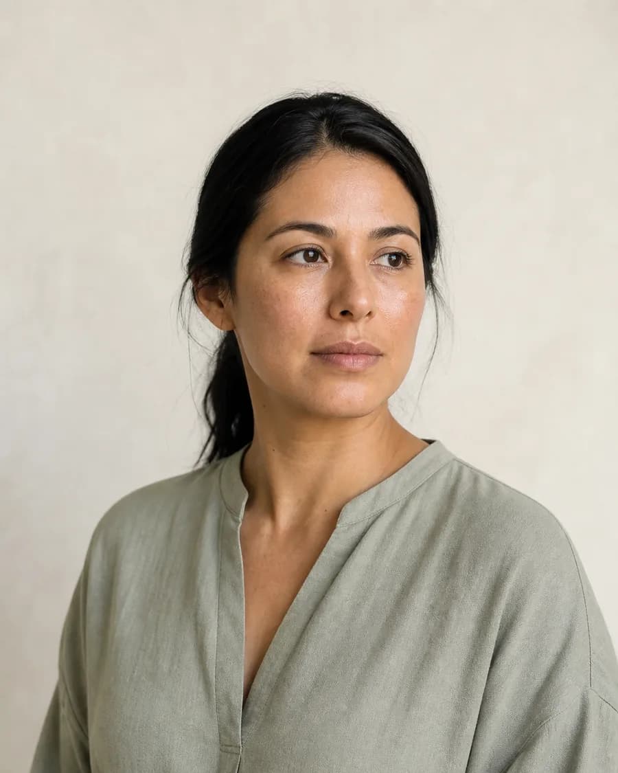 A portrait of a woman with long dark hair tied back, in a sage tunic