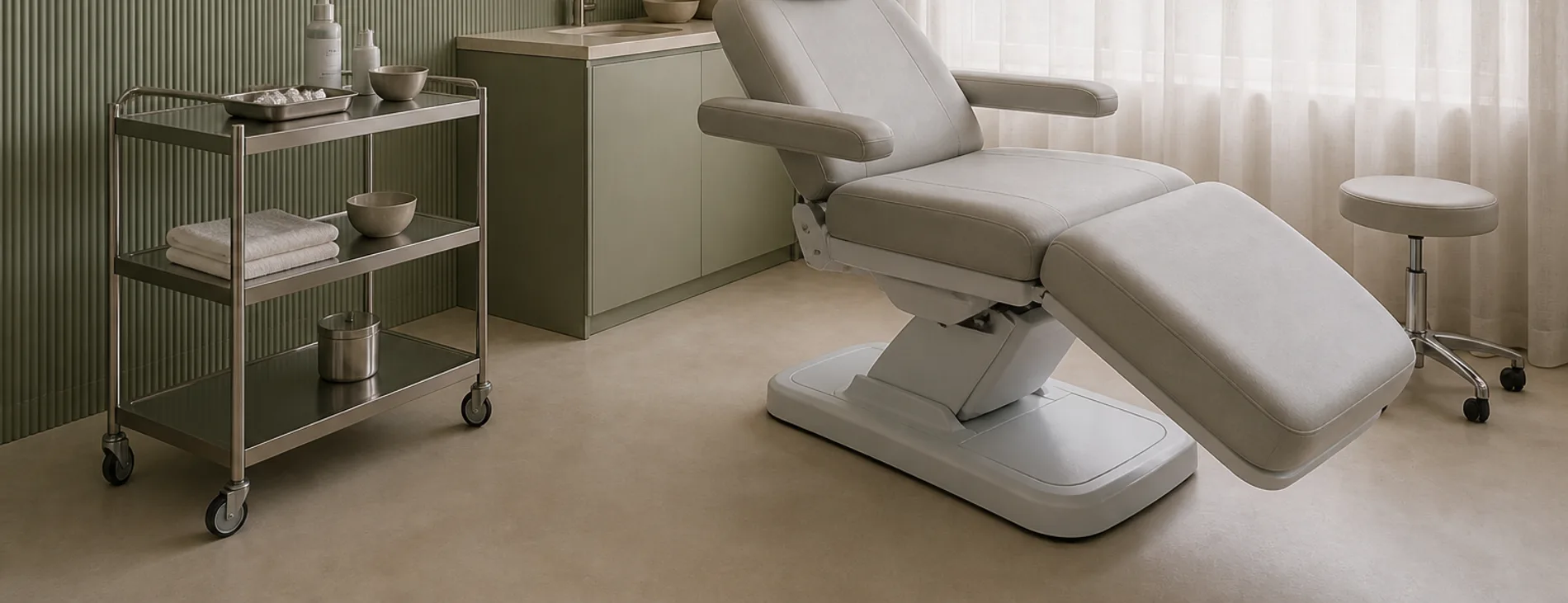 An empty treatment room with a pale grey chair and a steel trolley