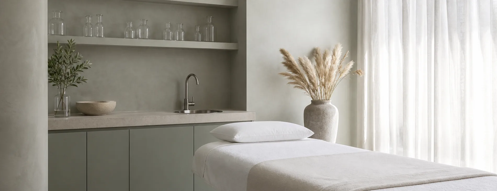 An empty facial room with white linen, glass bottles and dried grasses