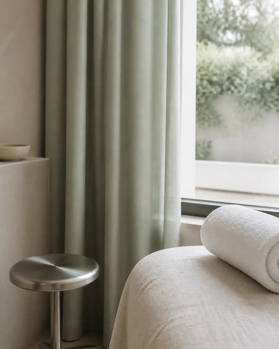A quiet corner of a treatment room with a sage curtain and a low steel stool