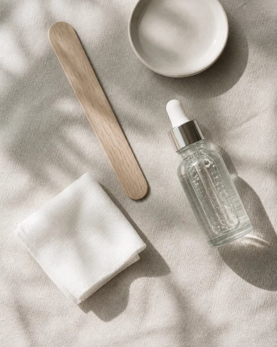 Skincare tools laid out on oatmeal linen, seen from above