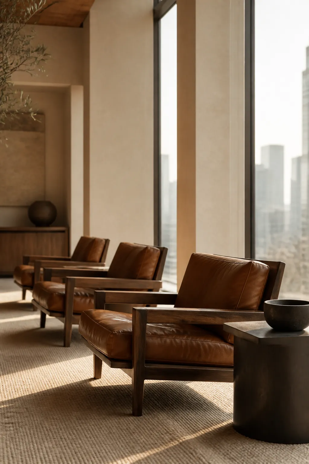 Leather lounge chairs along a tall window, warm daylight raking across a wool rug