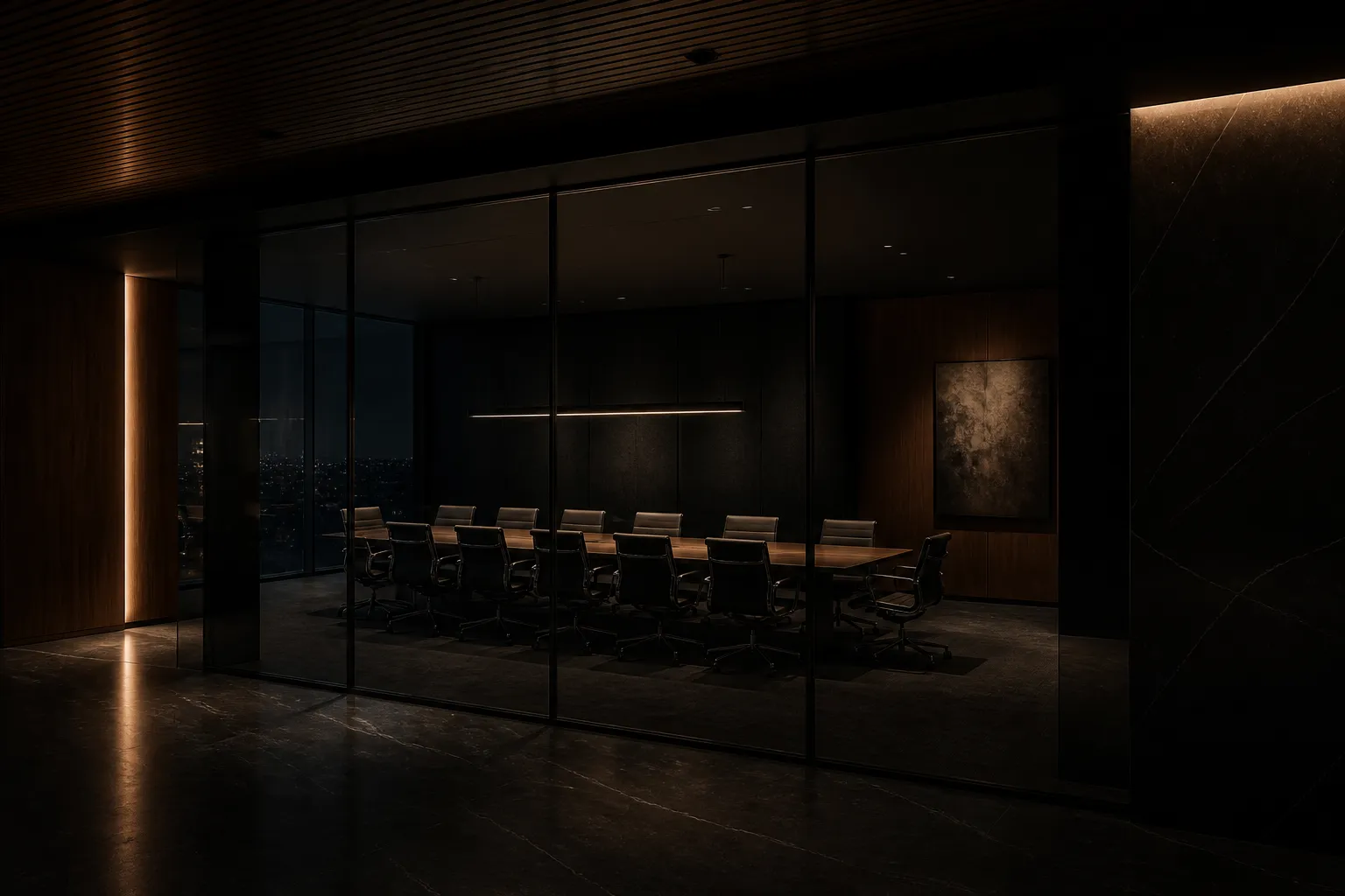 A dark boardroom seen through its glass wall at night, the long table lit by a linear pendant