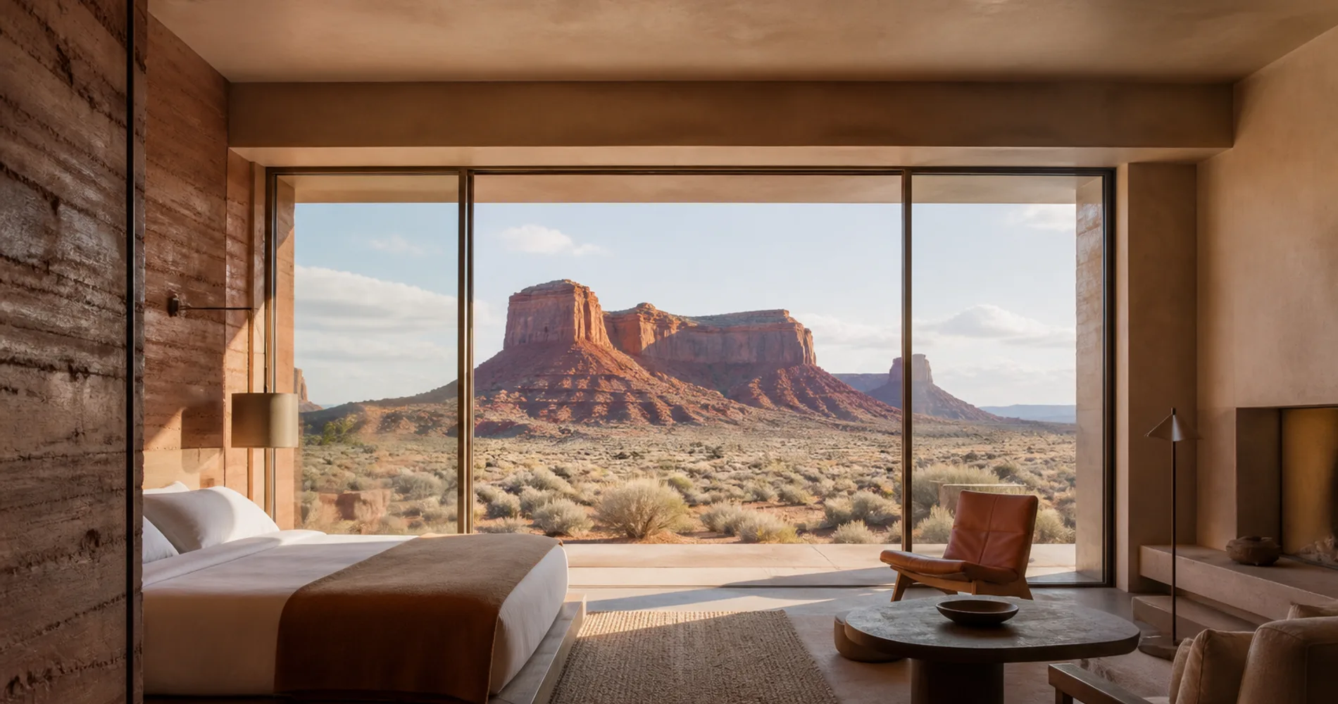 A suite seen from the entry, bed to one side and a full wall of glass filled by a red mesa