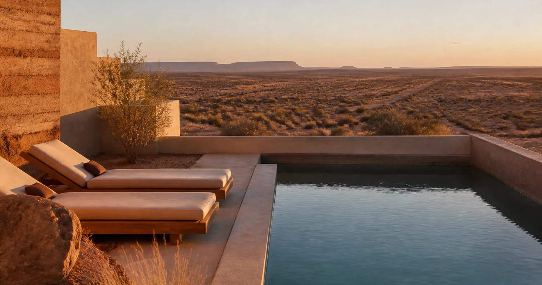 A terrace at golden hour with a plunge pool, two loungers and desert to the horizon