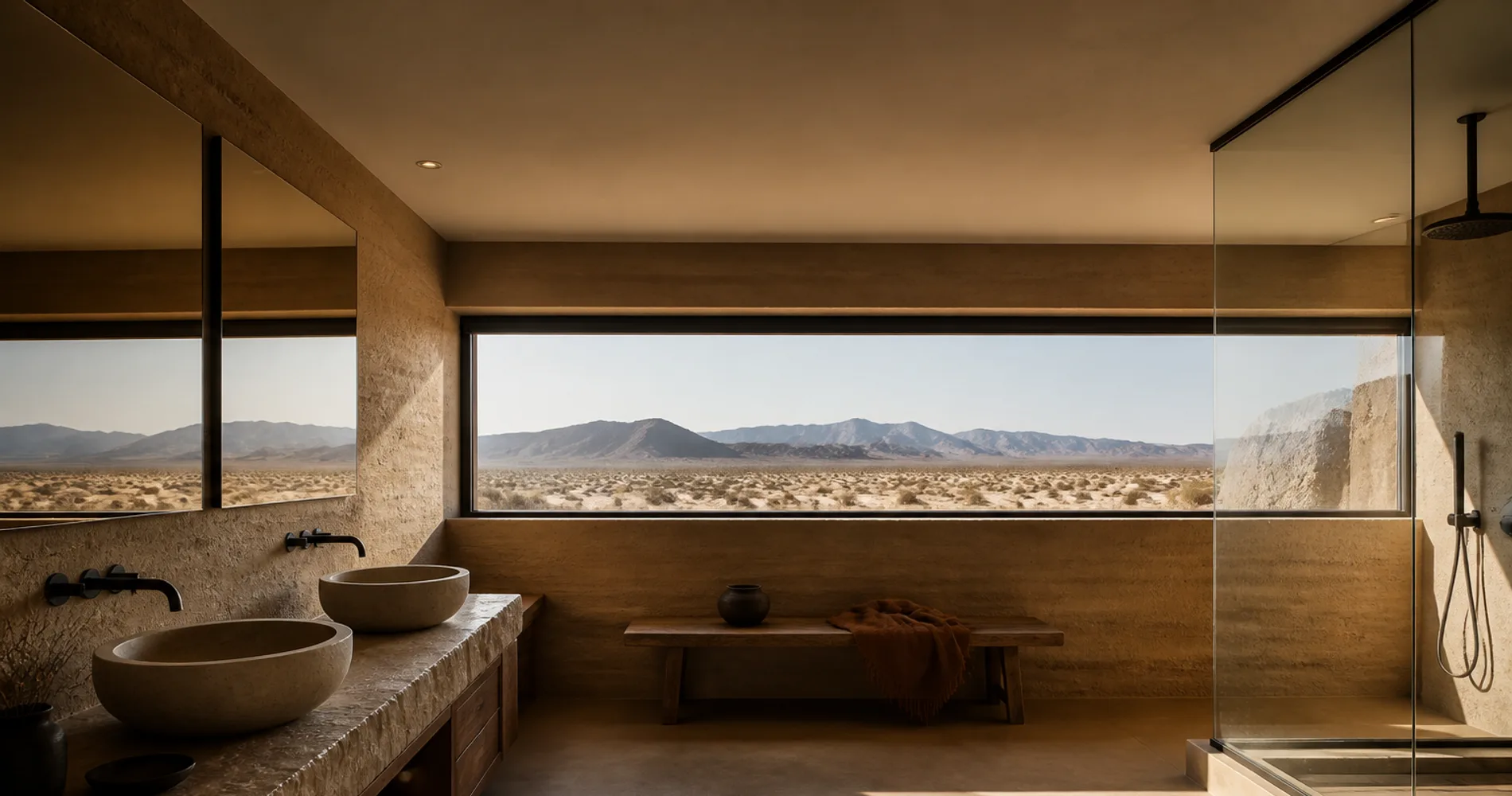 A bathroom with double stone basins and a slot window running the length of the wall