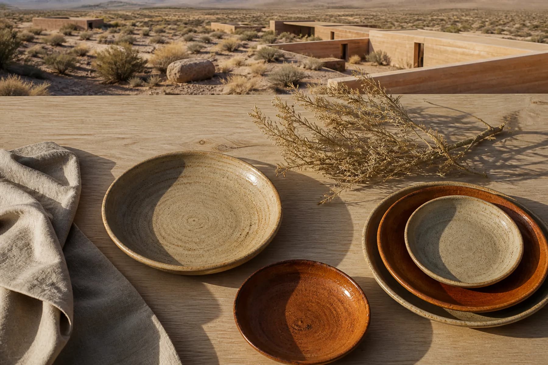 Handmade ceramic plates in sand and rust glazes on a pale oak table in morning light