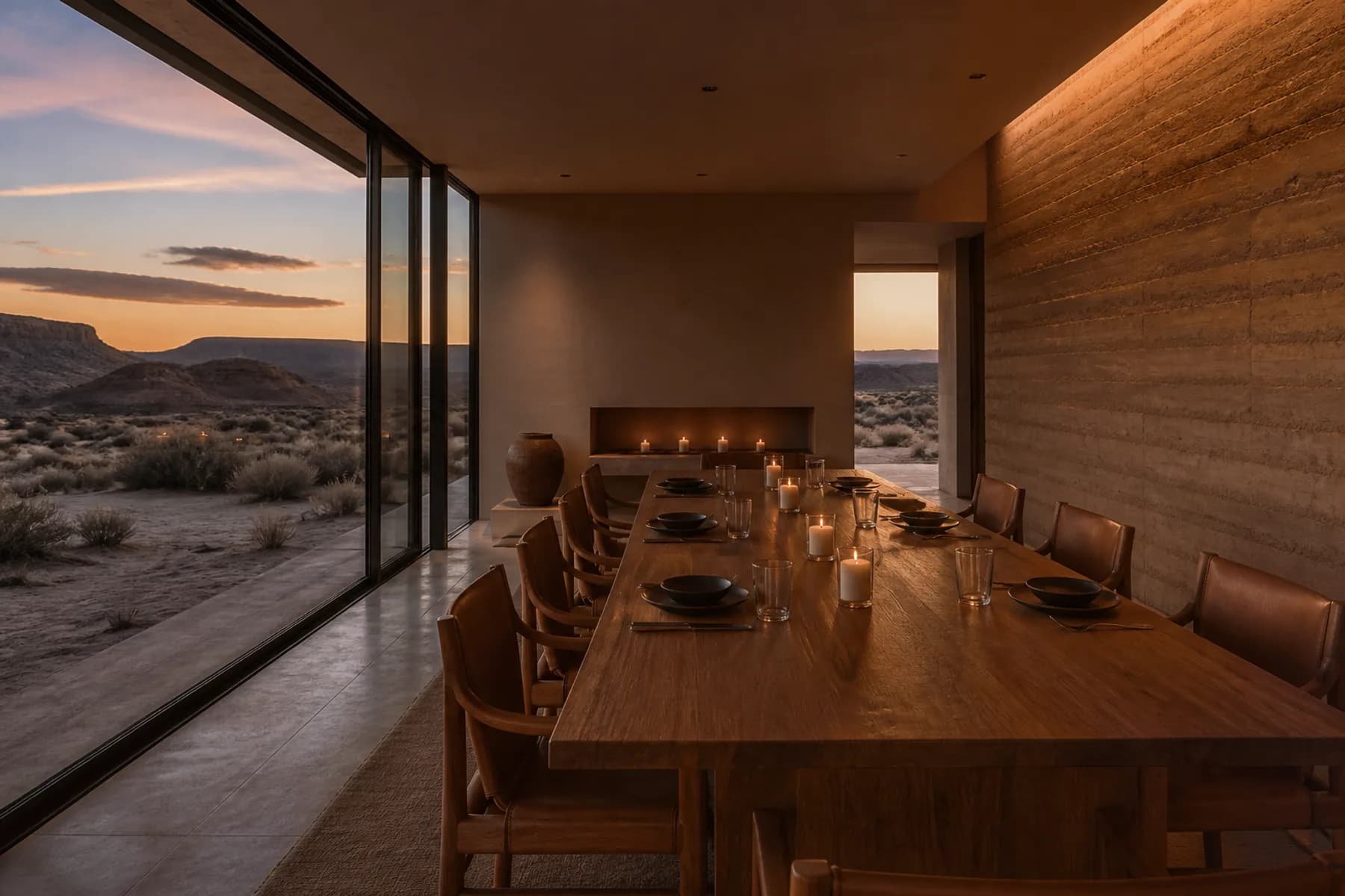 A long oak table set simply for dinner beside floor-to-ceiling glass opening onto the desert at dusk