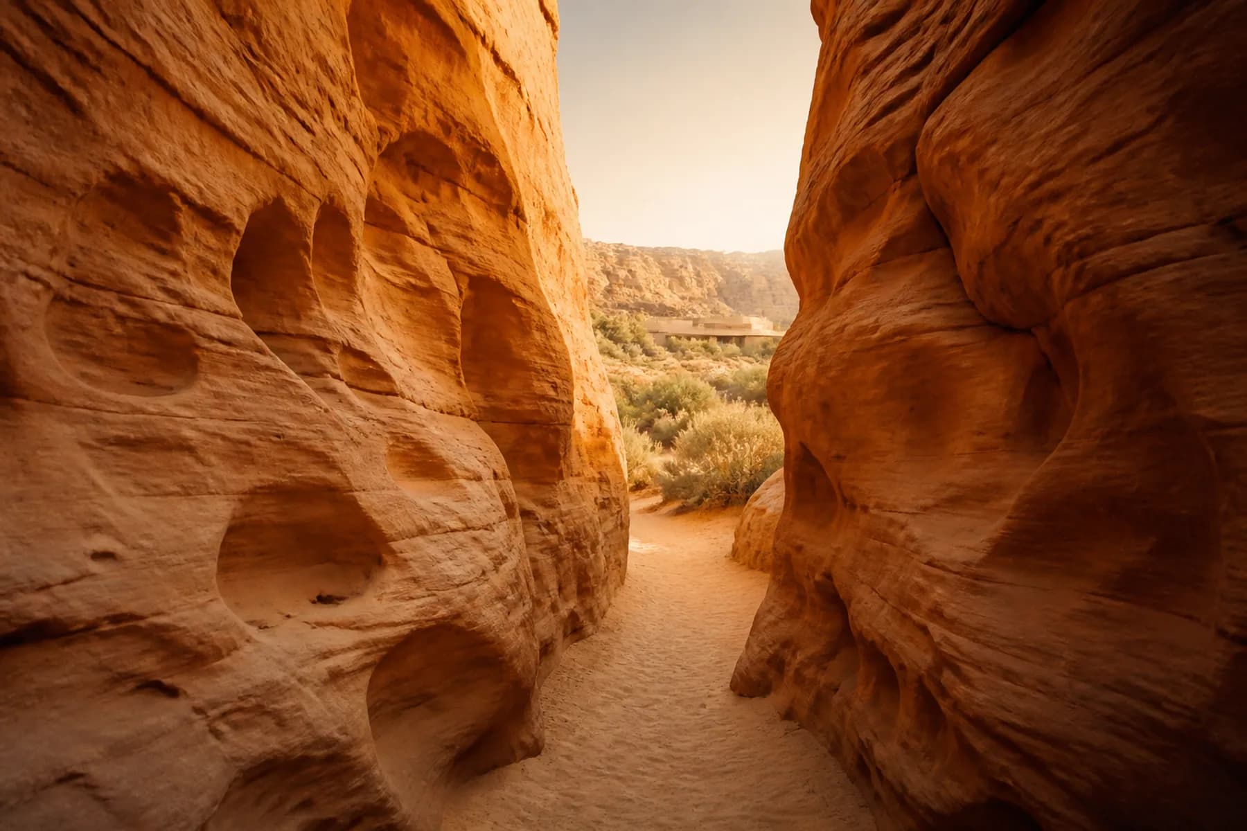A narrow slot canyon with sculpted sandstone walls glowing where light bounces between them