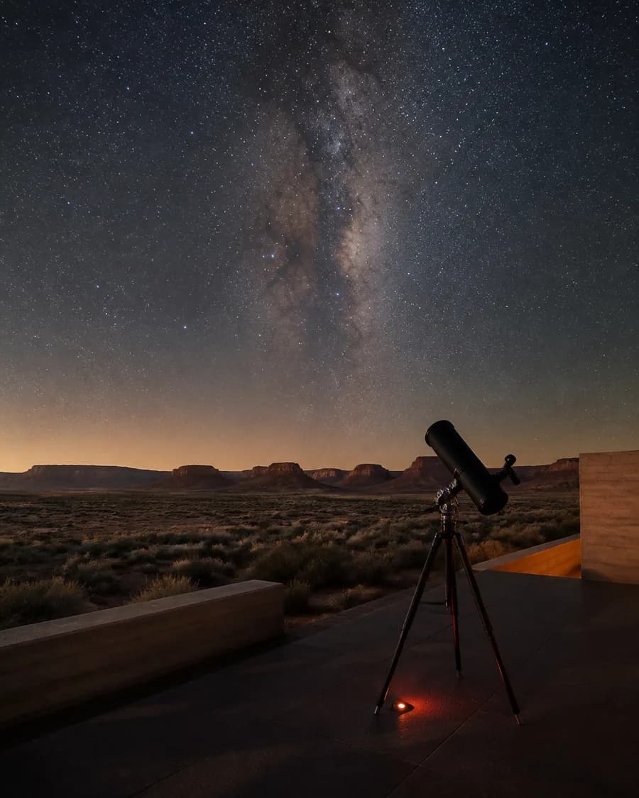 A telescope standing on a dark terrace under a sky crowded with stars