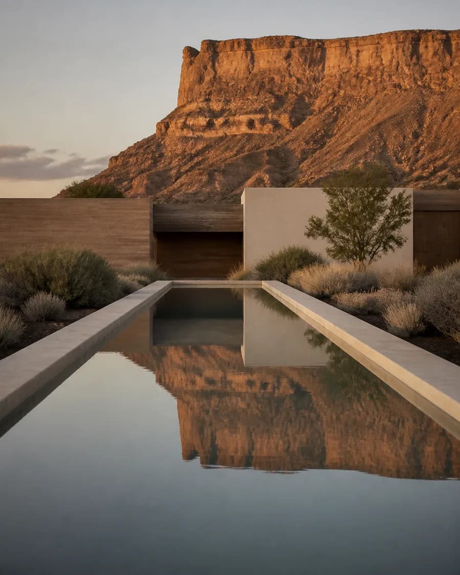A long still pool at dusk holding the reflection of a mesa