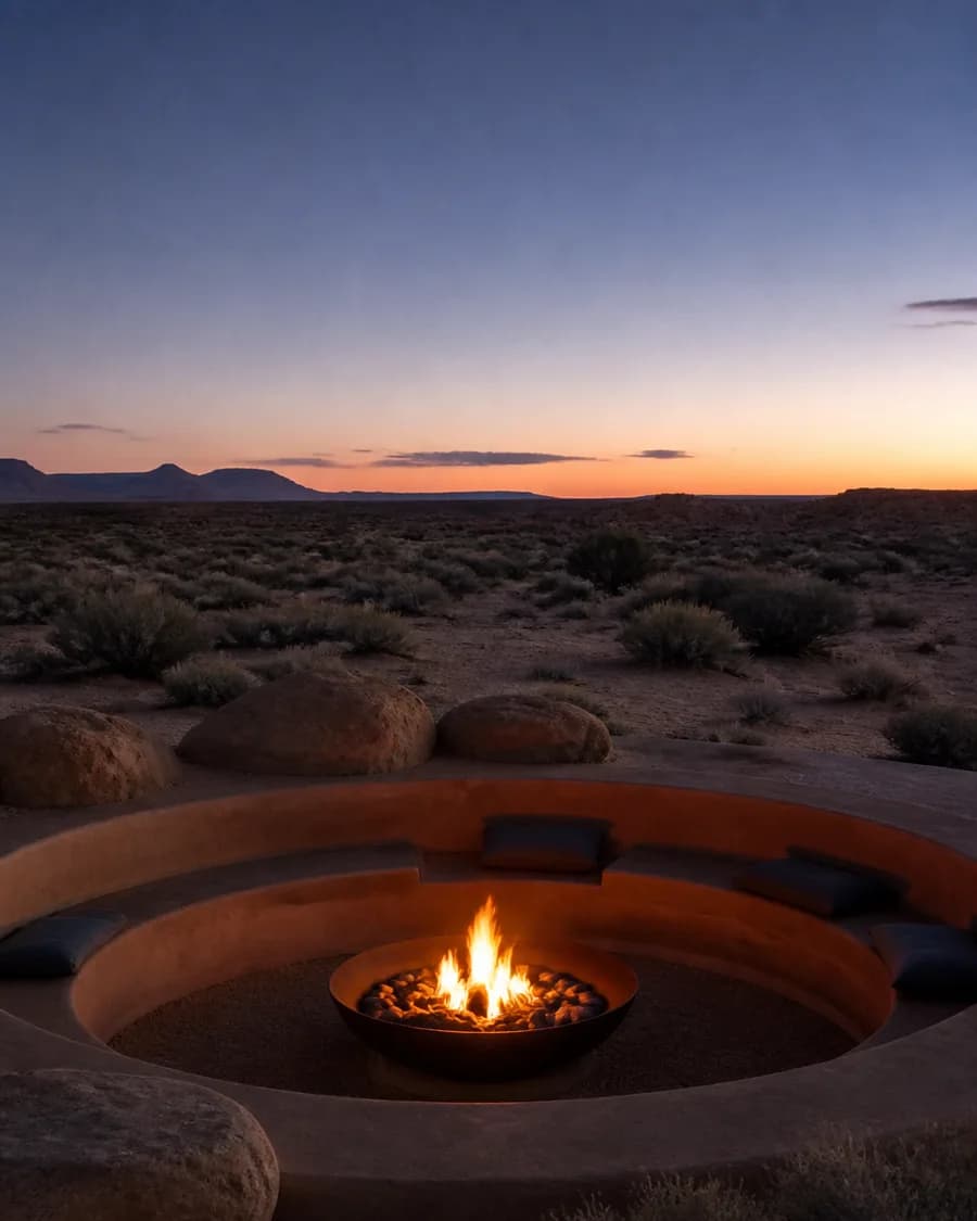 A sunken fire pit at blue hour with low steady flames and a rammed-earth seating ring