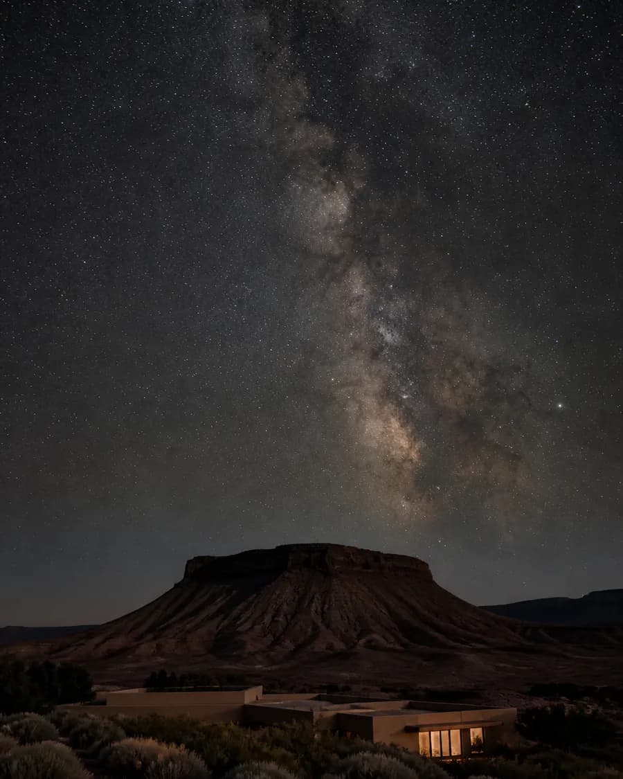 The Milky Way over a dark mesa, one faint warm window at the foot of the frame