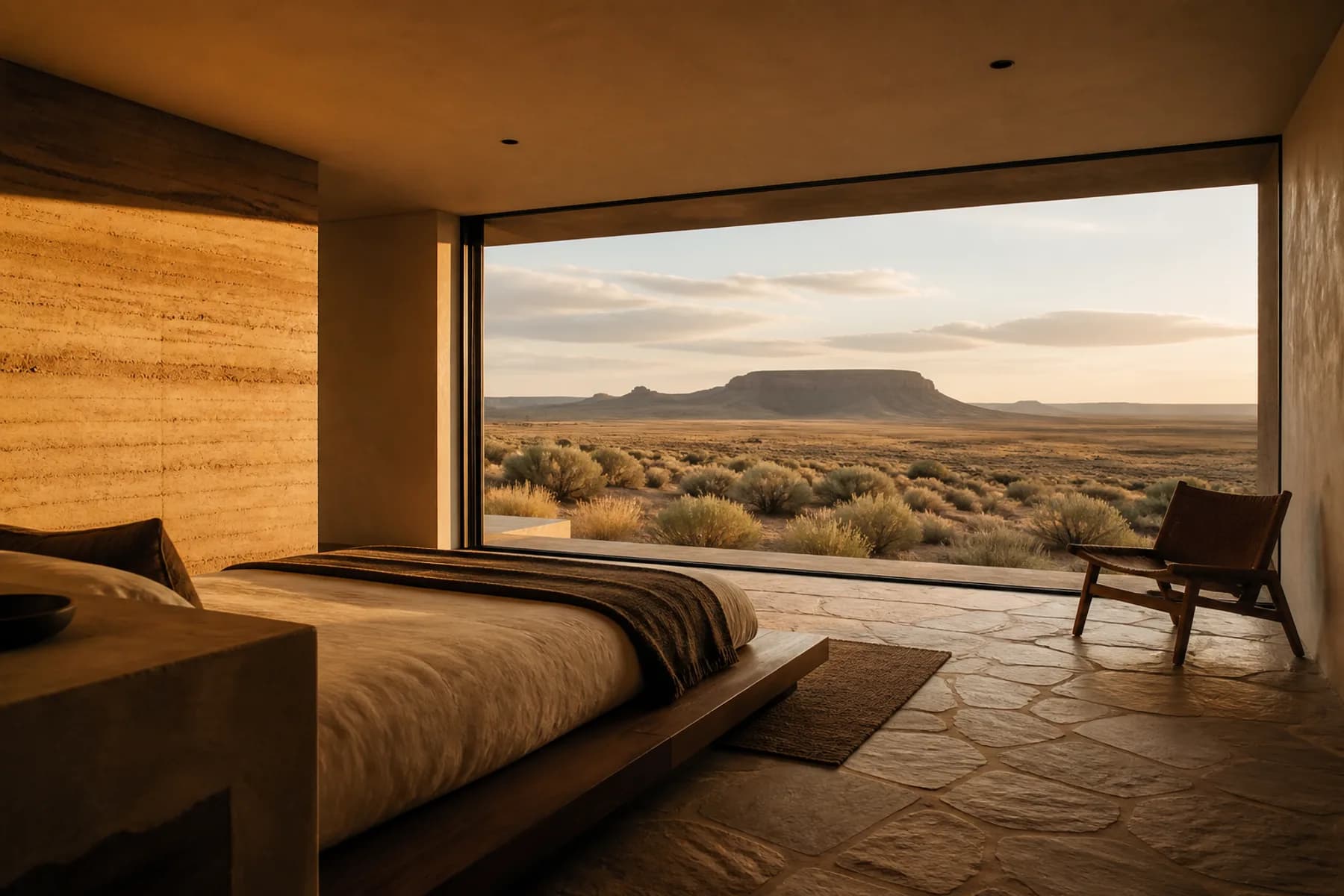 A low platform bed facing a full-width window, with empty desert and a distant mesa beyond
